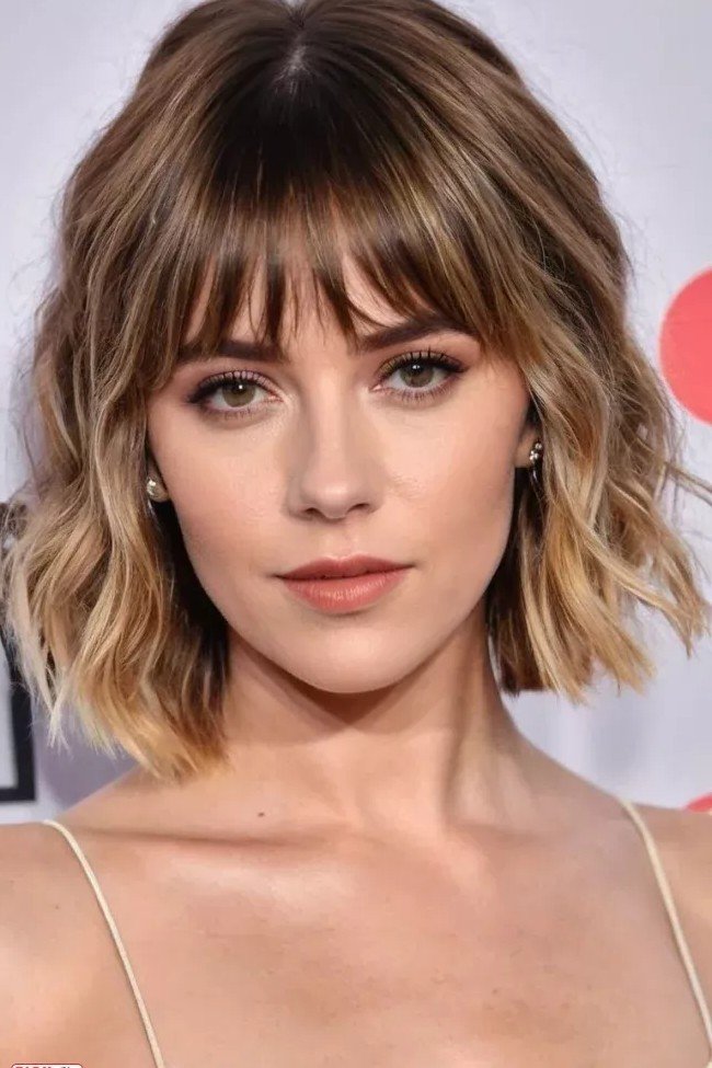 Wavy Bob with Classic Curtain Bangs