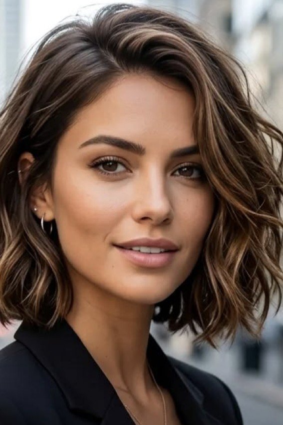 Wavy Brunette Bob with Dimensional Highlights