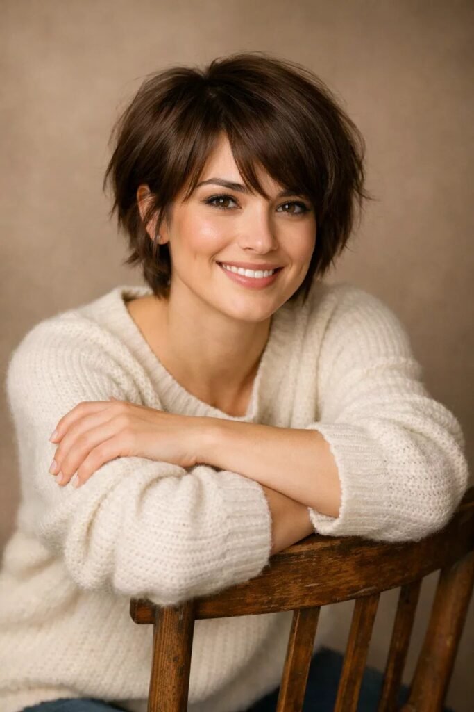 Wavy Brunette Bob with Wispy Bangs and Soft Layers