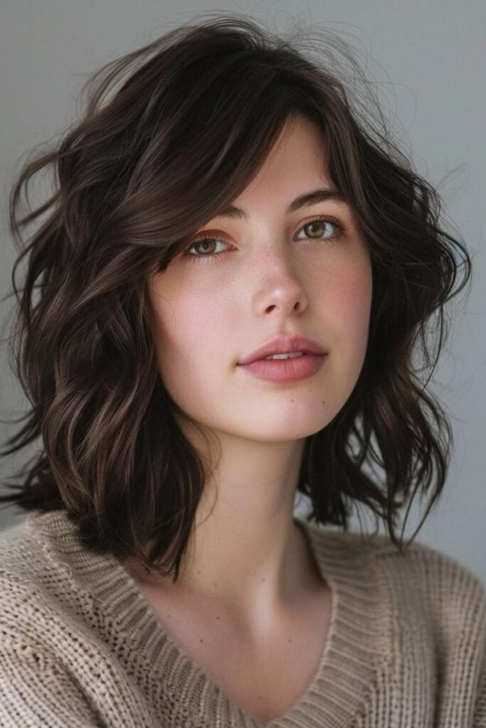 Wavy Dark Brown Shoulder-Length Bob