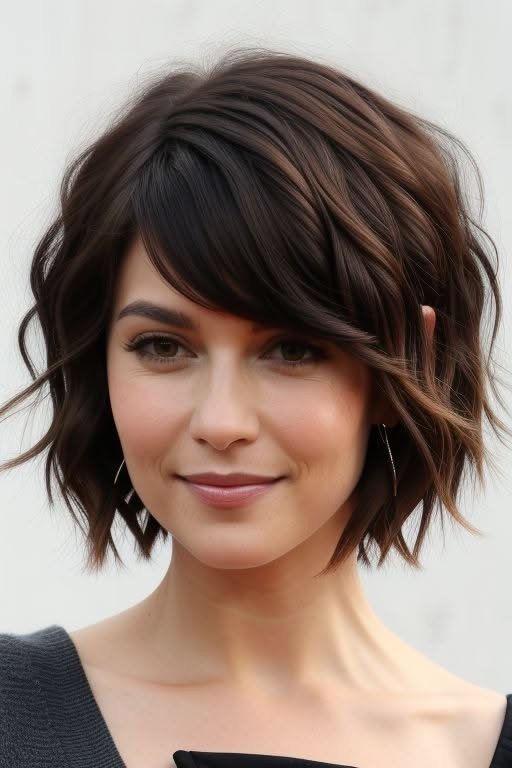 Wavy Dark Brunette Bob with Side-Swept Bangs