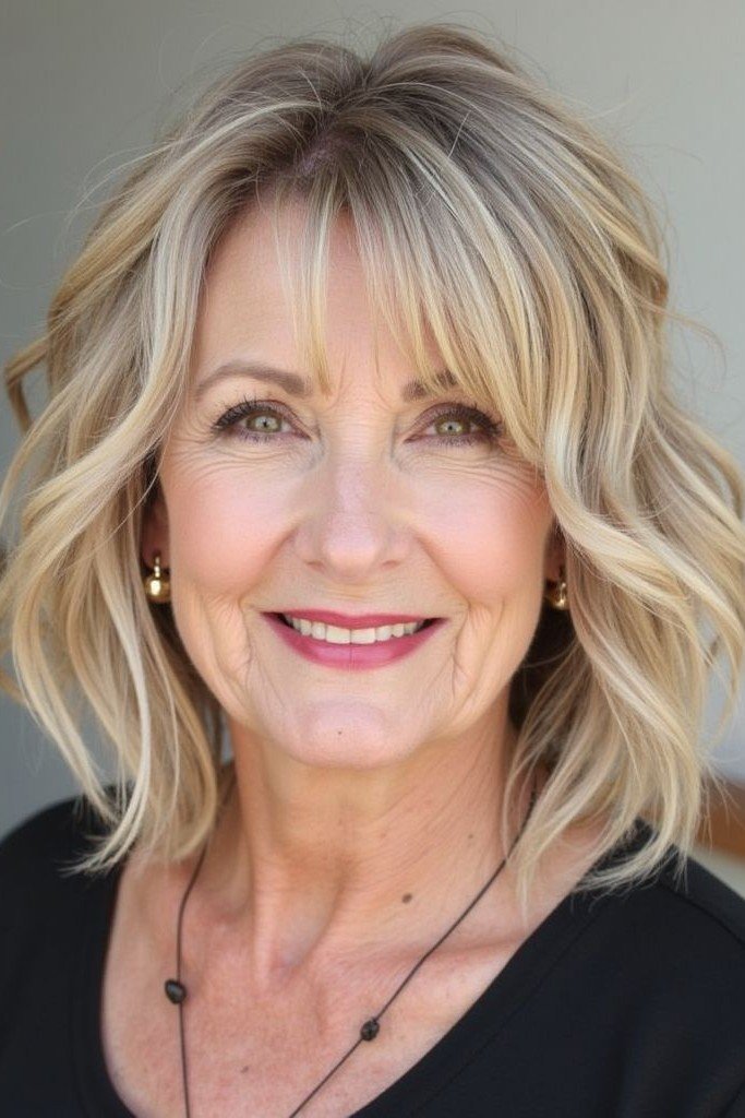 Wavy Layered Blonde Lob with Bangs