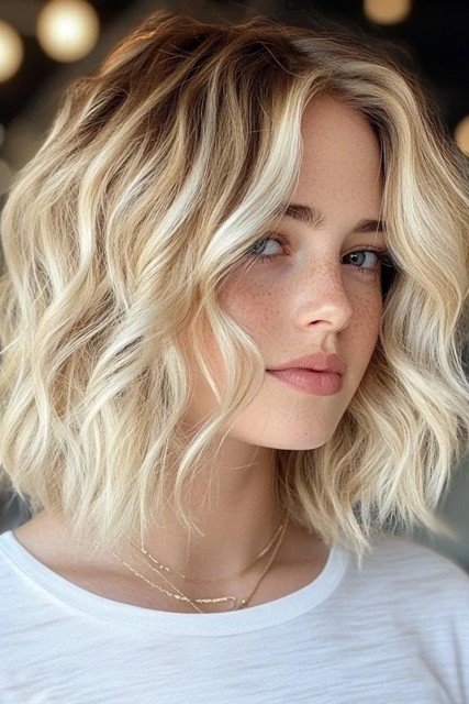 Wavy Lob with High-Contrast Face-Framing Highlights