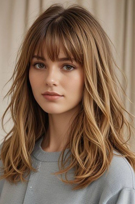 Wavy Long Layered Hair with Curtain Bangs