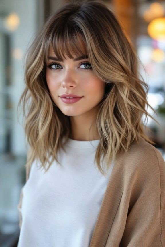 Wavy Medium-Length Hair with Soft Curtain Bangs