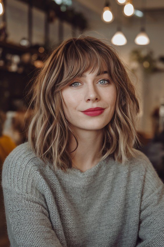 Wavy Medium-Length Hair with Wispy Bangs