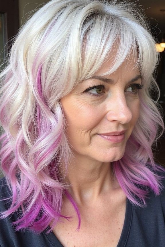 Wavy Shoulder-Length Cut with Magenta Highlights