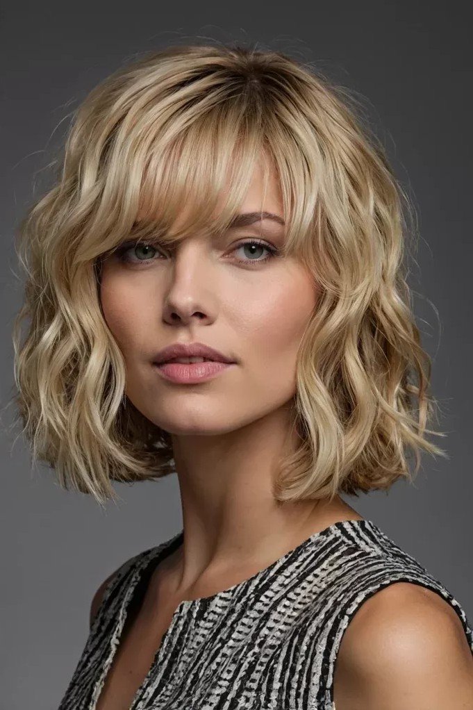 Wavy Textured Bob with Curtain Bangs