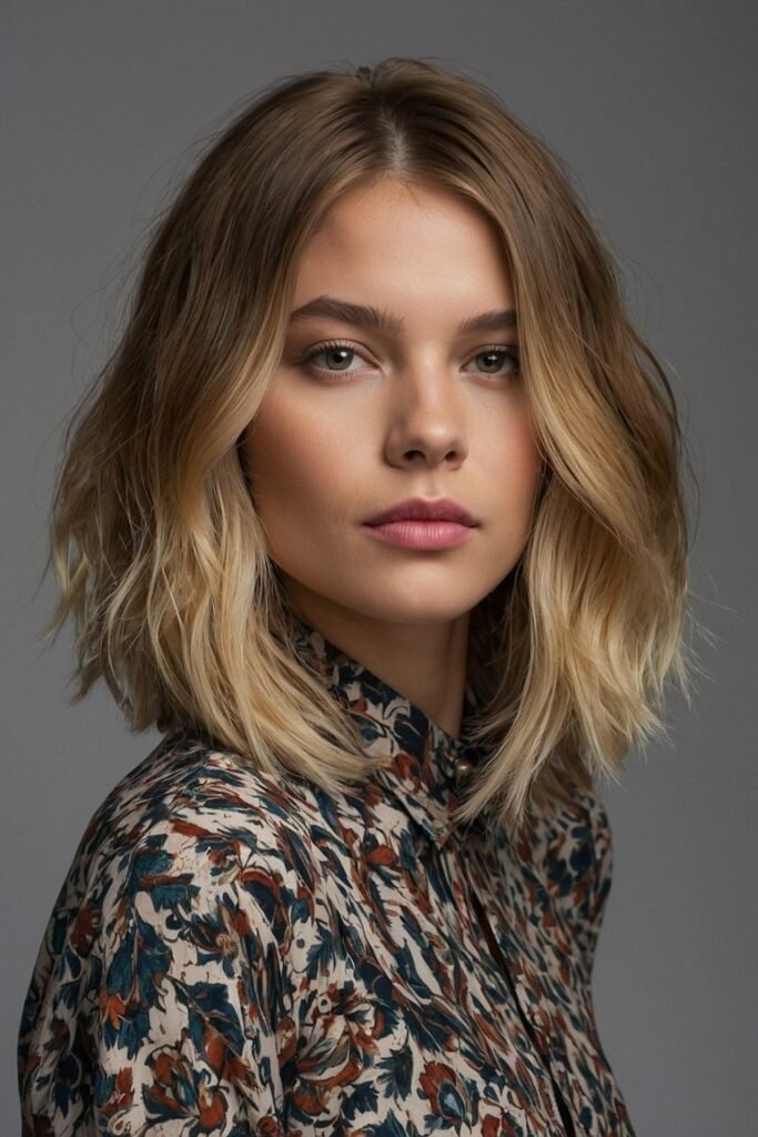 Wavy Textured Lob with Root Shadow and Lighter Ends