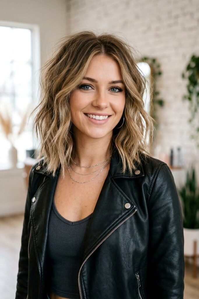 Wavy Textured Lob with Root Smudge