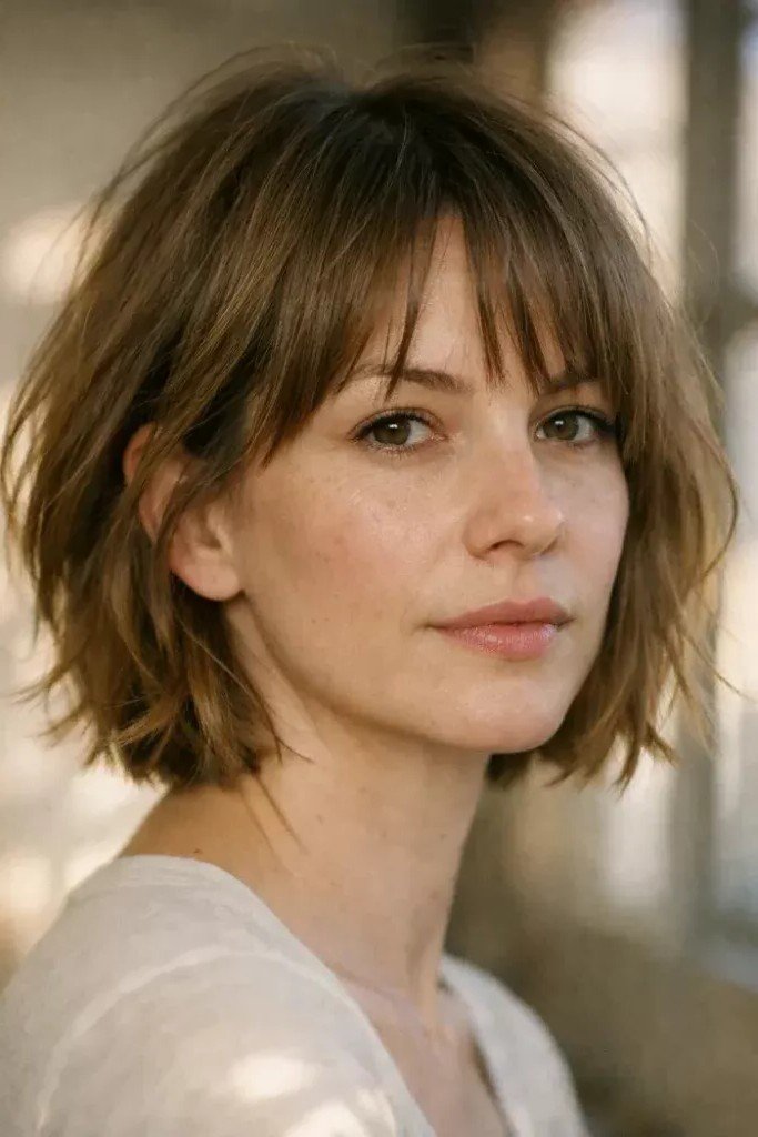 Wispy Layered Brown Bob with Fringe