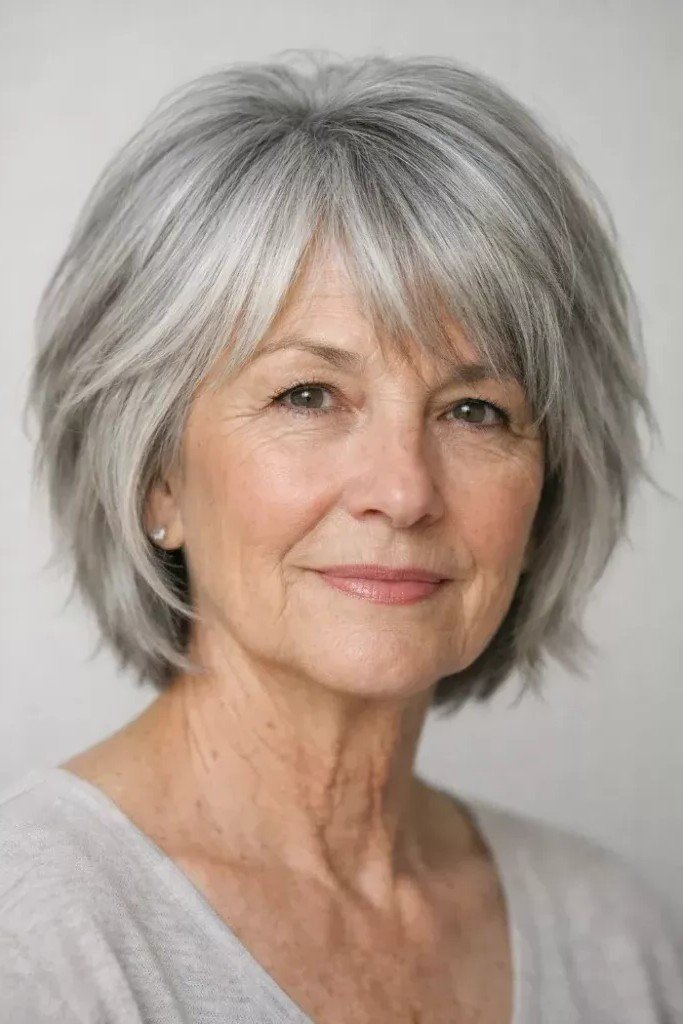 Wispy Silver Gray Layered Bob