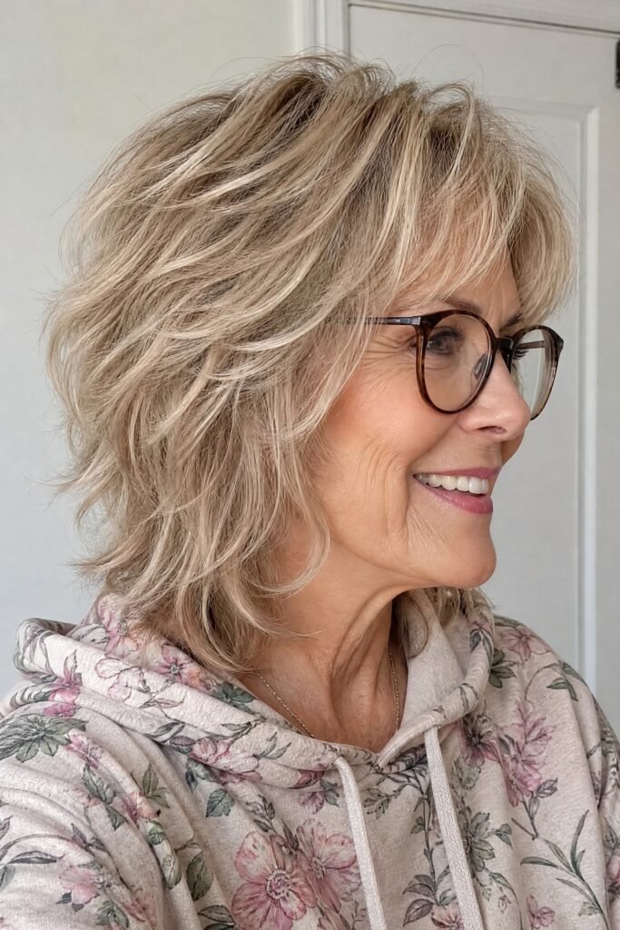 Ash Blonde Layered Shag with Side-Swept Bangs and Glasses