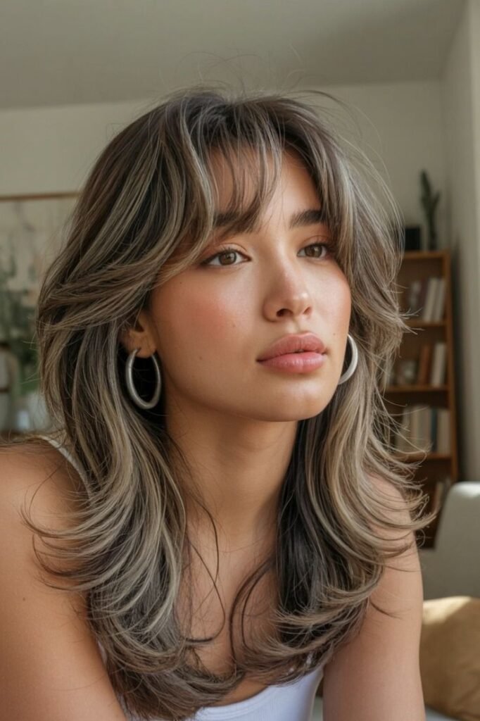 Ash Blonde Layered Shag with Soft Face-Framing Bangs