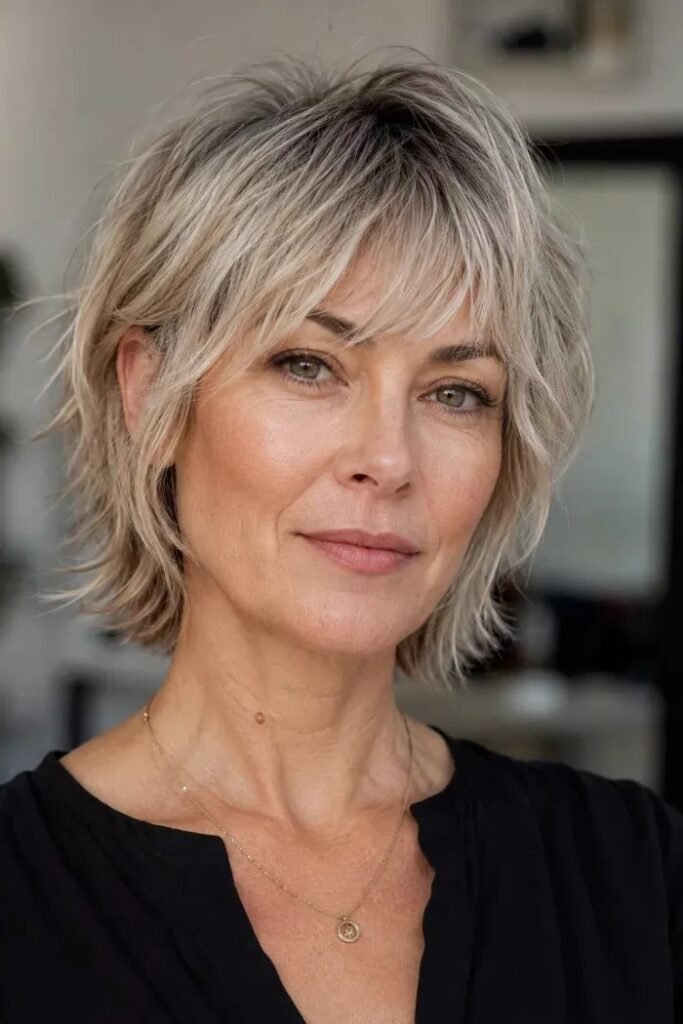 Ash Blonde Textured Bob with Side-Swept Bangs