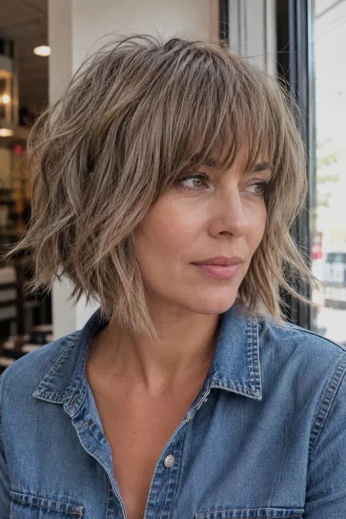 Ash Brown Layered Shaggy Bob with Piece-y Bangs
