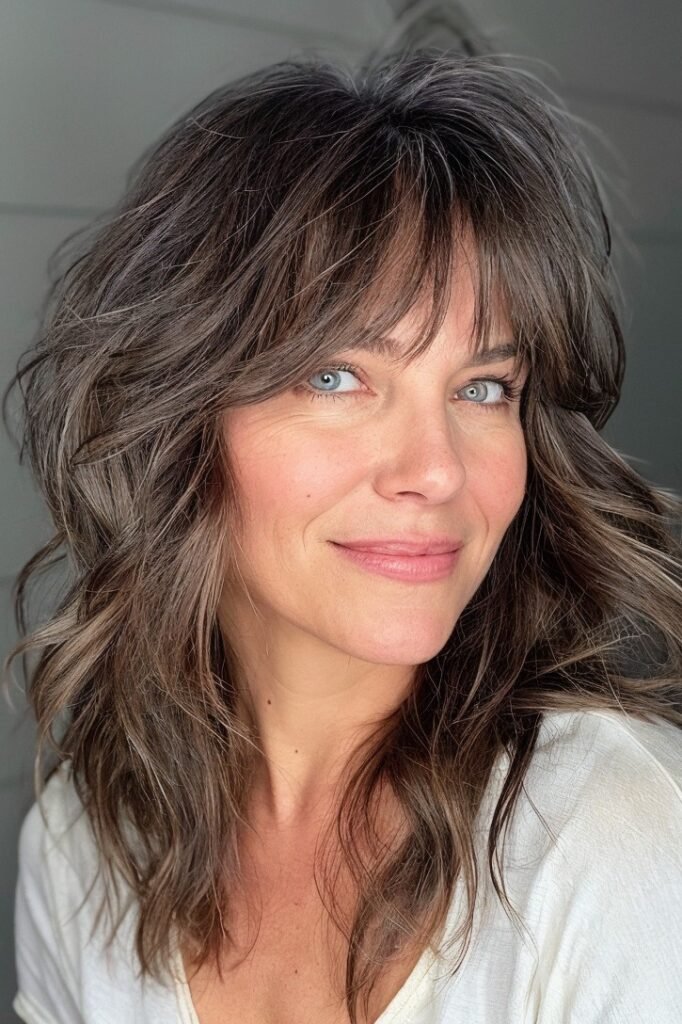 Ash Brown Textured Shag with Light Wispy Bangs
