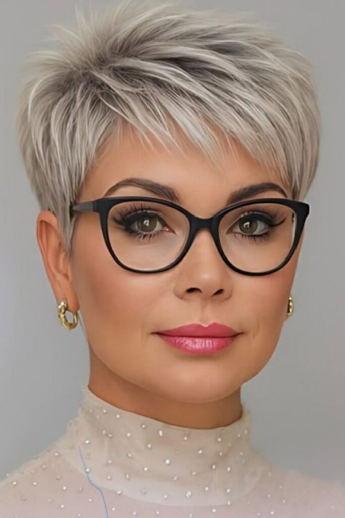 Ashen Blonde Cropped Pixie with Cat-Eye Glasses