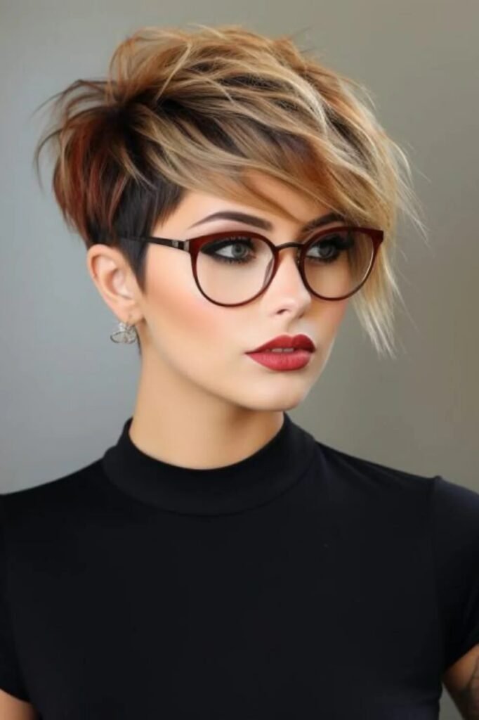 Asymmetrical Blonde and Dark Undercut Pixie with Long Bangs