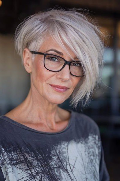 Asymmetrical Platinum Pixie with Undercut and Glasses