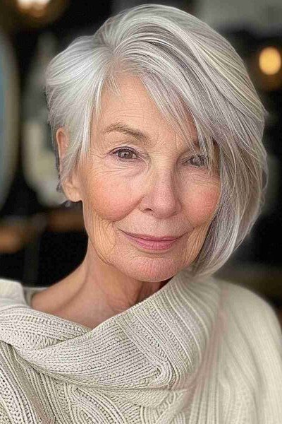 Asymmetrical Silver Bob with Deep Side Part