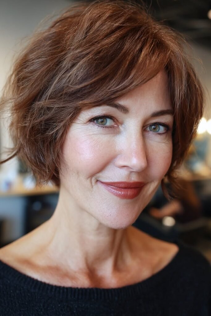 Auburn Shaggy Bob with Soft Side-Swept Bangs