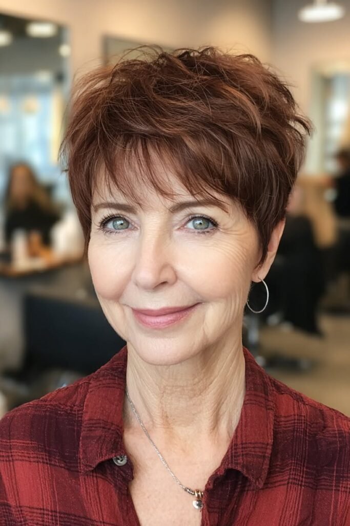 Auburn Textured Pixie with Soft Bangs