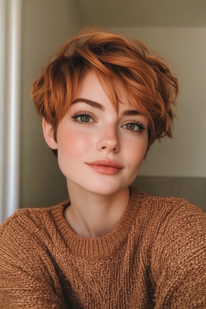 Auburn Textured Pixie with Soft Side-Swept Bangs and Freckles