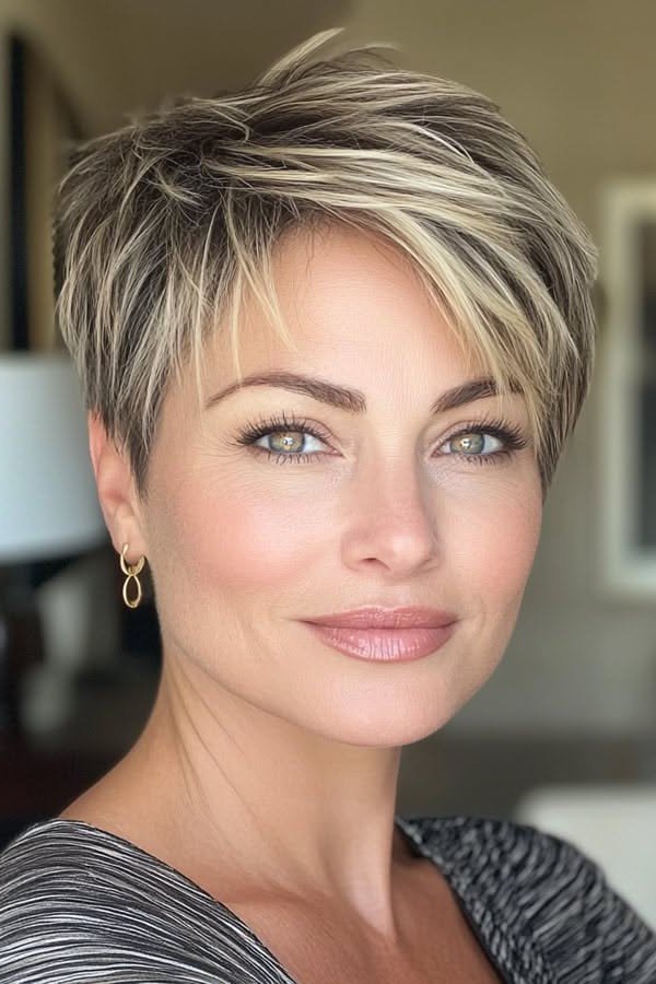 Blonde Highlighted Pixie Cut with Side-Swept Bangs