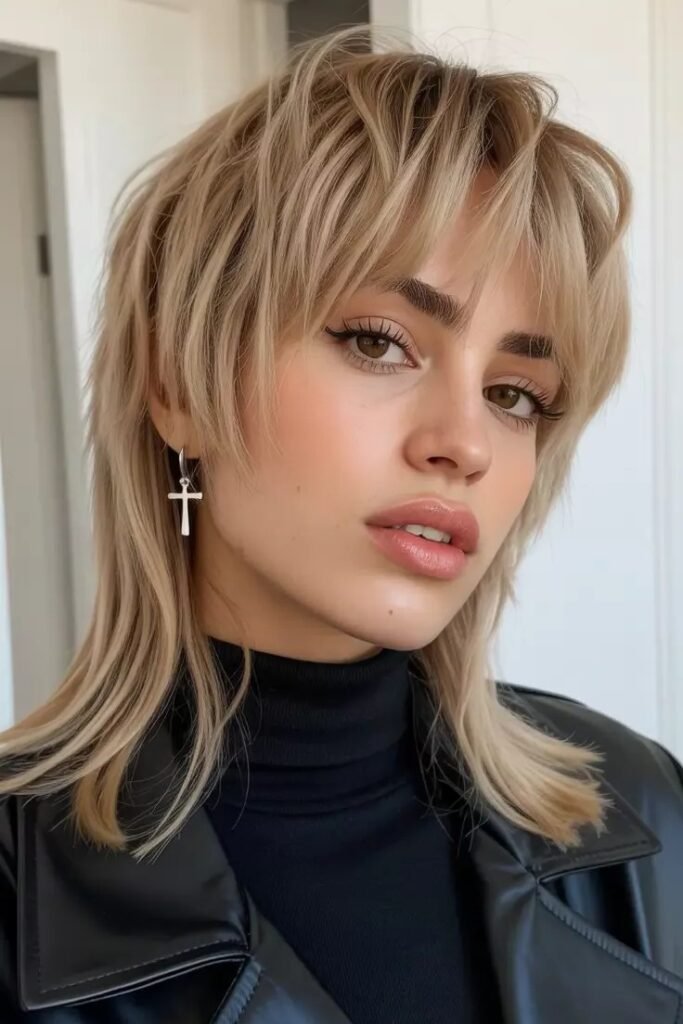 Blonde Shag Haircut with Face-Framing Layers and Soft Bangs