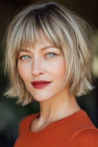 Blonde Shaggy Bob with Blunt Bangs