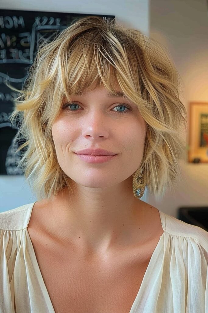 Blonde Shaggy Bob with Curtain Bangs
