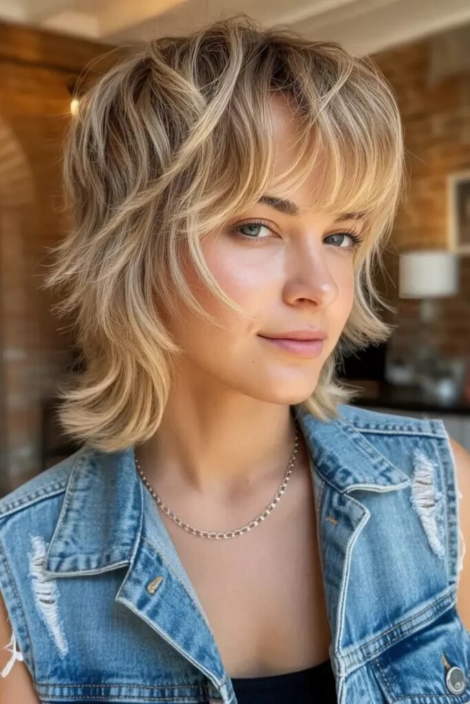 Blonde Shaggy Bob with Textured Curtain Bangs
