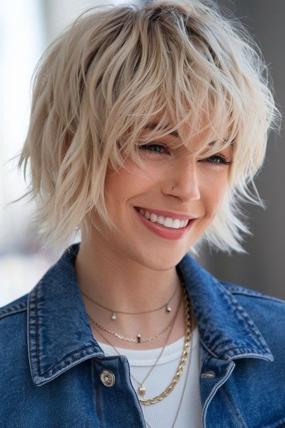 Blonde Shaggy Bob with Textured Layers and Curtain Bangs