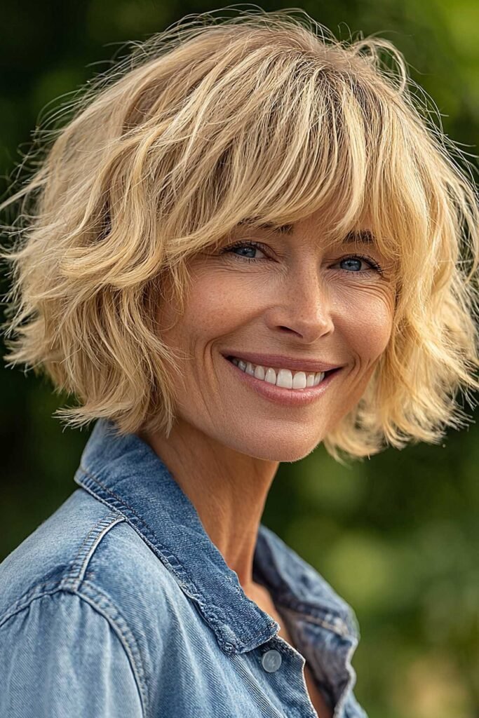 Blonde Shaggy Bob with Textured Layers and Full Bangs