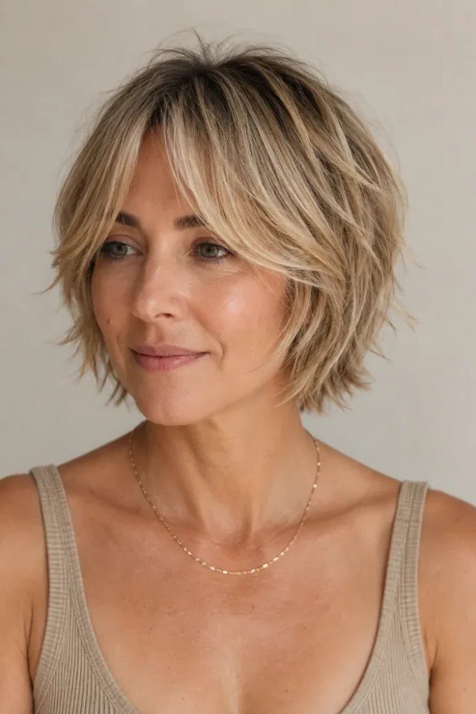 Blonde Shaggy Bob with Wispy Curtain Bangs