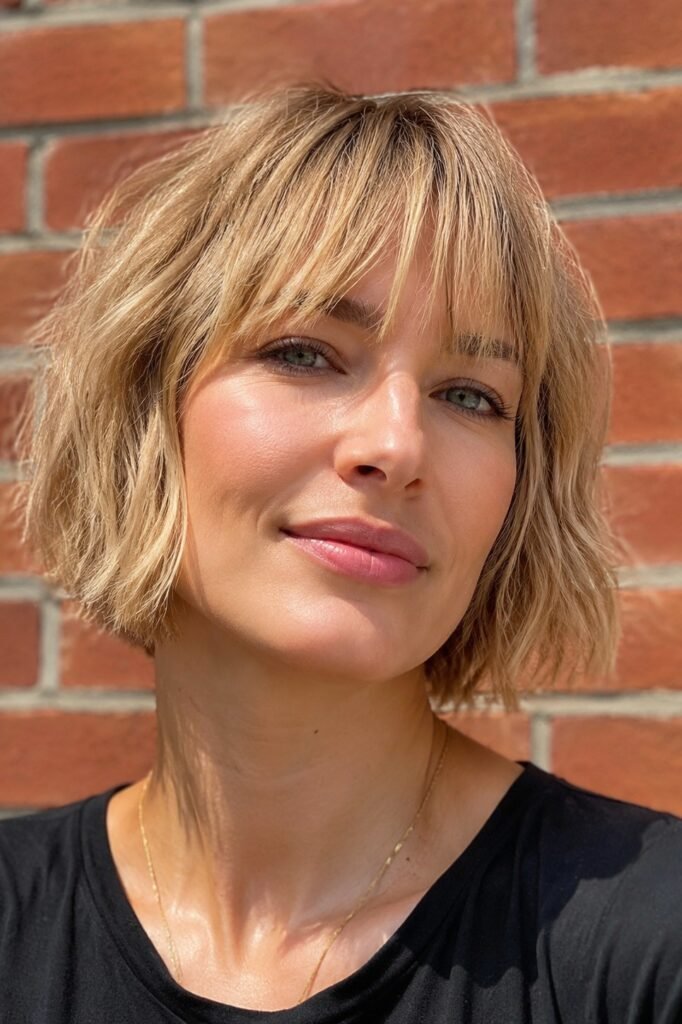 Blonde Textured Bob with Straight Fringe