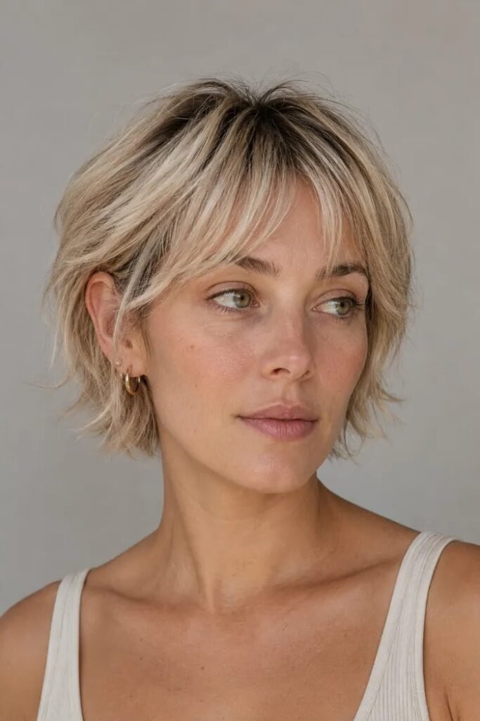 Blonde Textured Shaggy Bob with Curtain Bangs
