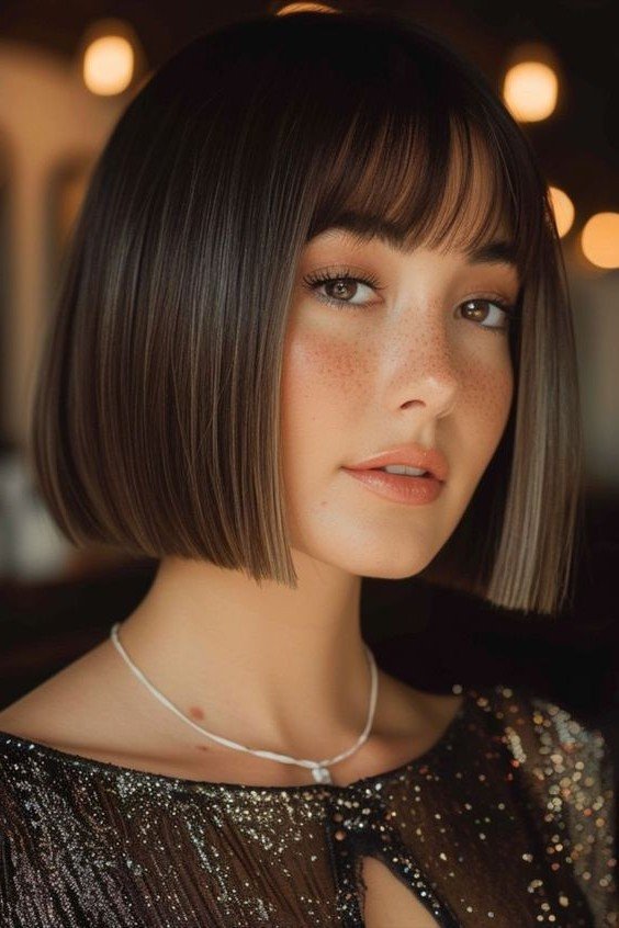Blunt Bob with Straight Bangs and Freckles