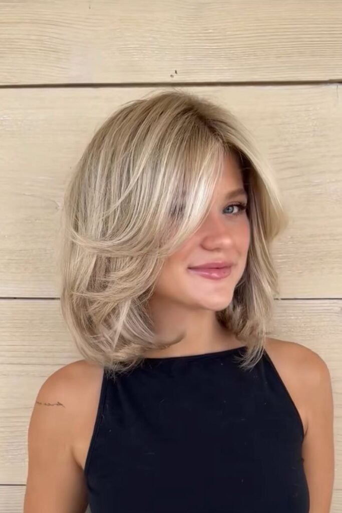 Bright Blonde Layered Bob with Face-Framing Curtain Bangs