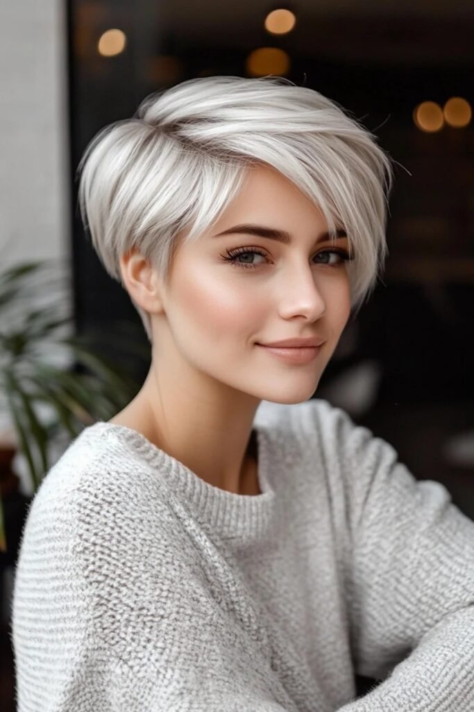Bright Silver Blonde Pixie Cut with Smooth Side Swept Bangs