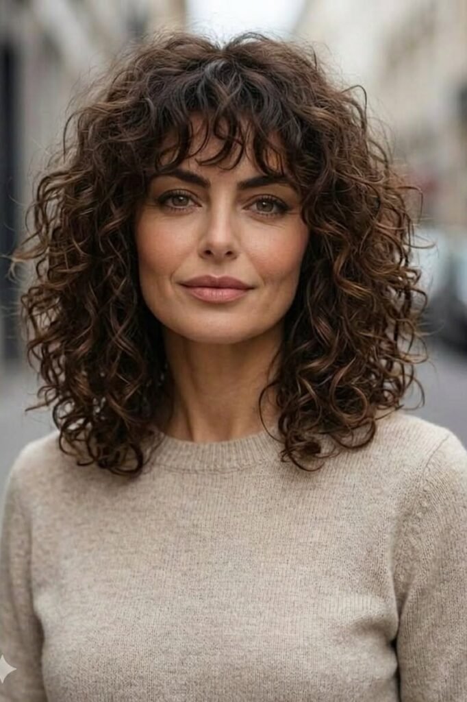 Brown Curly Shag with Layered Fringe