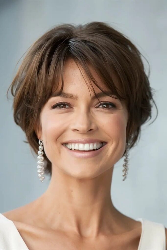 Brown Layered Bob with Soft Bangs and Volume