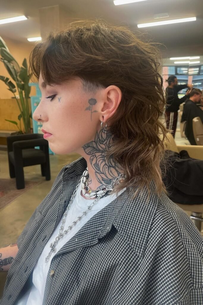 Brown Shaggy Mullet with Undercut and Side Pieces