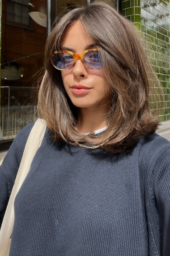 Brunette Textured Layered Bob with Curtain Bangs