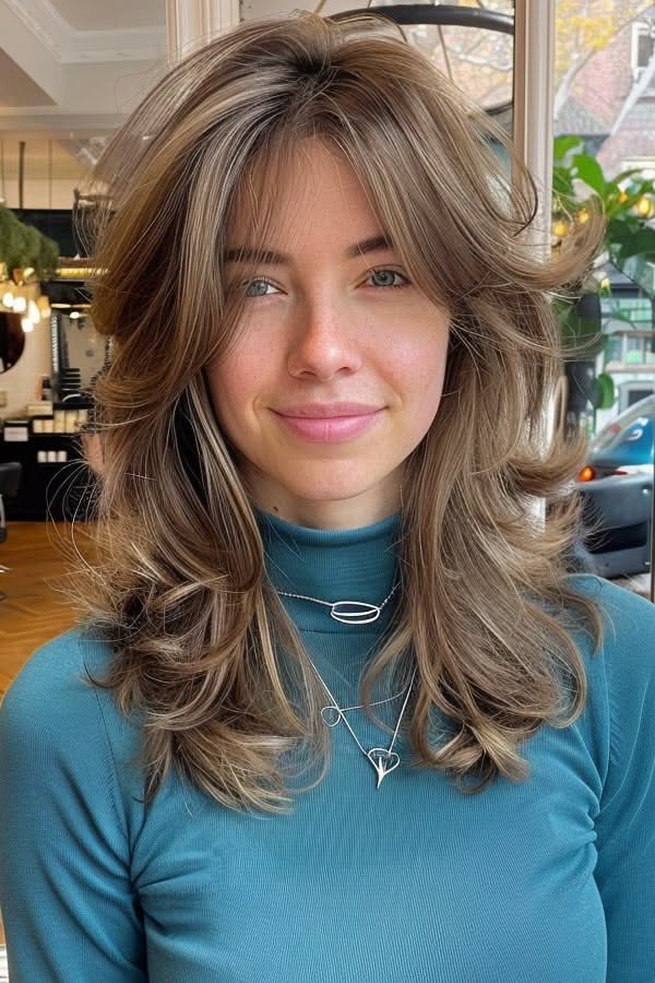 Caramel Brown Blowout Layers with Face-Framing Curtain Bangs