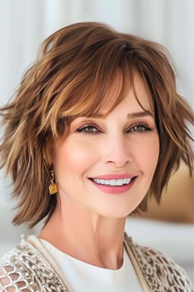 Caramel Brown Layered Shag with Side-Swept Bangs