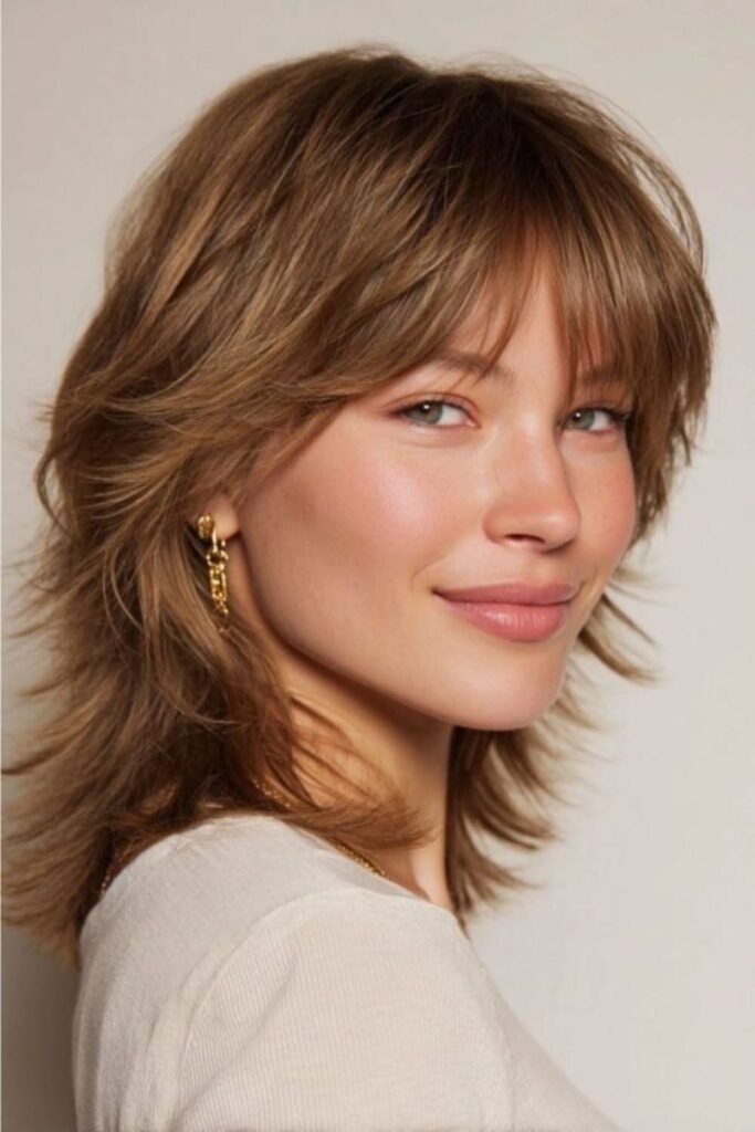 Caramel Brown Medium Shag with Voluminous Layered Fringe