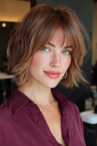 Caramel Brown Textured Bob with Soft Curtain Bangs