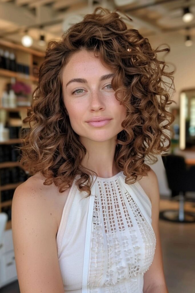 Caramel Brown Textured Curly Shag with Highlights